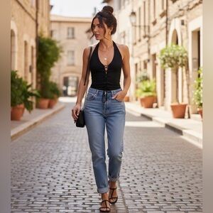 Reformation Karmen Black Halter Neck Lace-Up Top